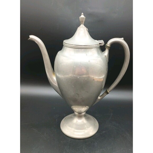 Vtg Insico Pewter Tea Pot 517 9"  Hinges Lid Pedestal Footed - Picture 2 of 9